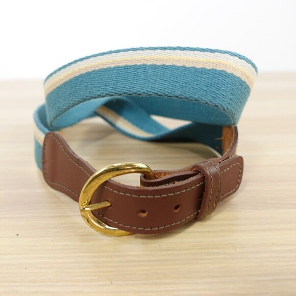 VINTAGE Belt Womens Medium Blue Cotton Canvas Striped Genuine Leather Y2K 90s - Picture 1 of 9